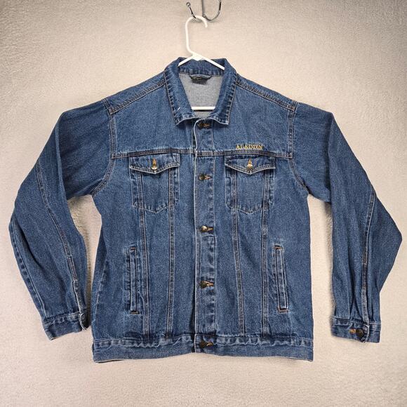 Vintage Aladdin Casino Denim Trucker Jacket Mens L Las Vegas Embroidered 90s - Picture 1 of 8
